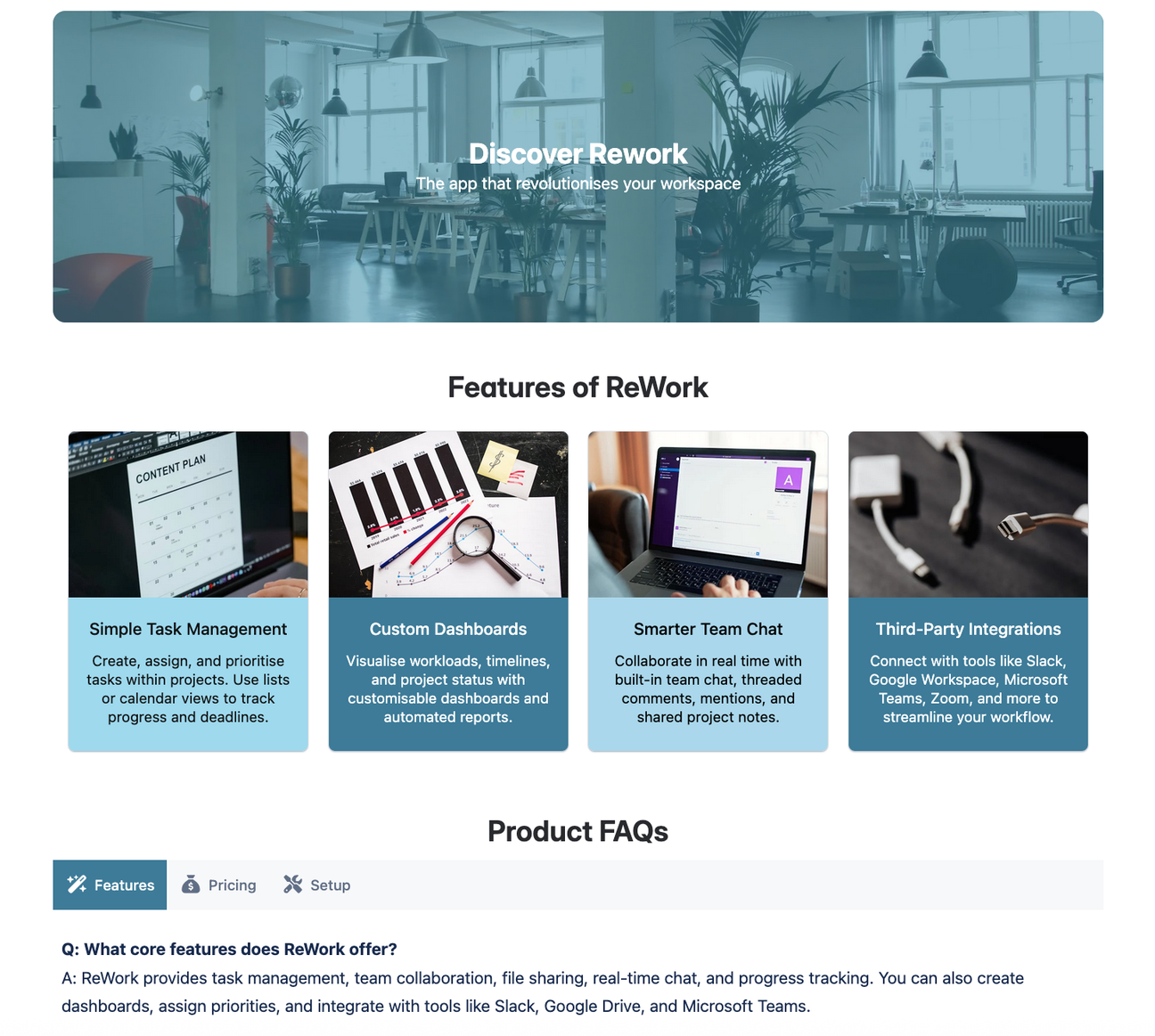 Screenshot of a product homepage highlighting product features and FAQs in Confluence Cloud