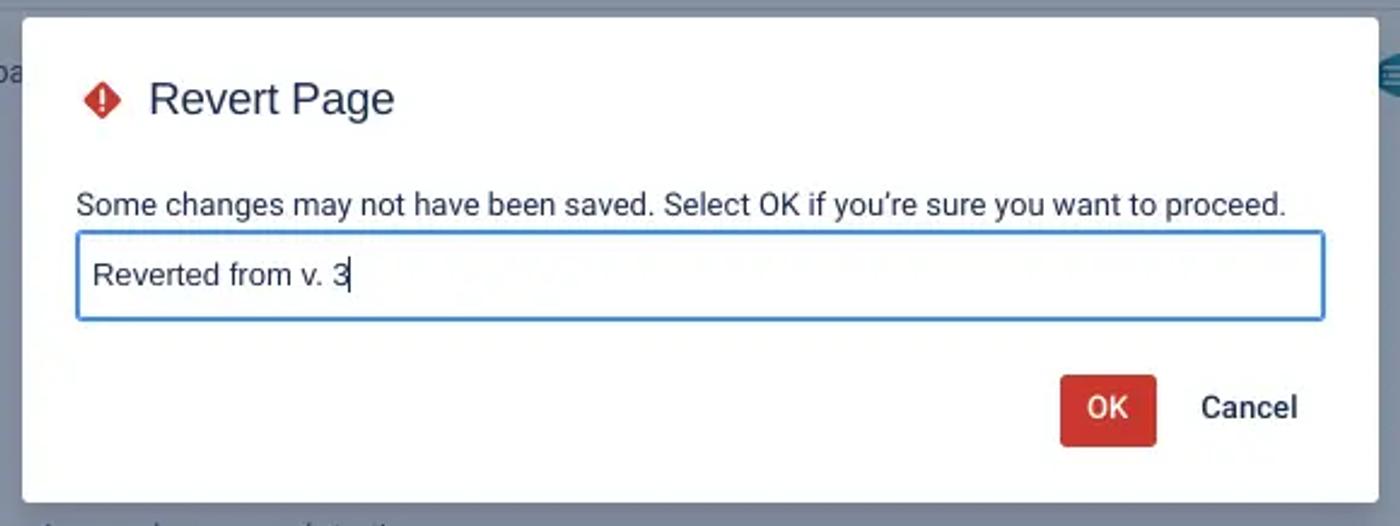 The Revert Page dialog box on Confluence