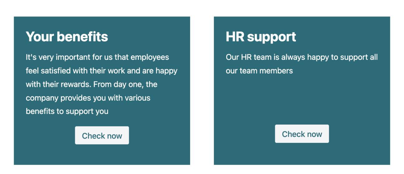 A section titled 'your benefits' with a background, title, body text, and button side by side with another section called 'HR support'