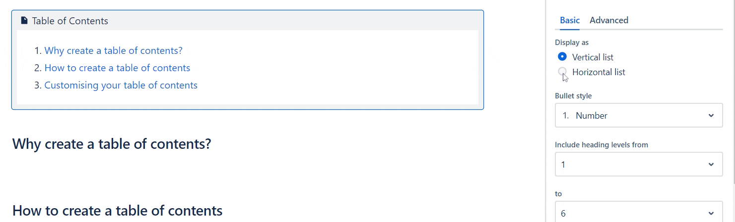A GIF of a user customising a table of contents in Confluence