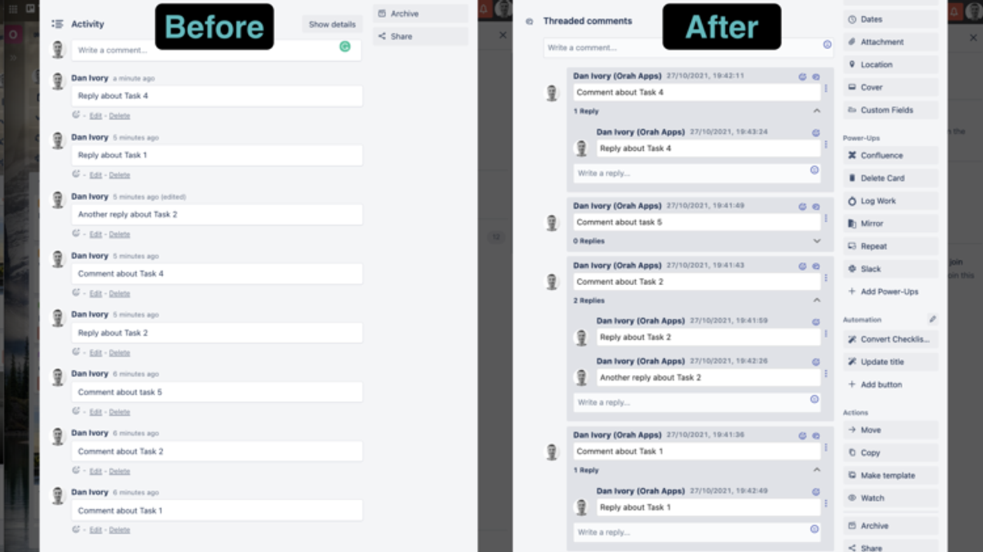 Trello comments before and after adding the Threaded Comments Power-Up