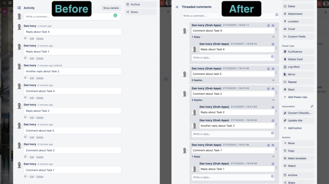 Trello comments before and after adding the Threaded Comments Power-Up