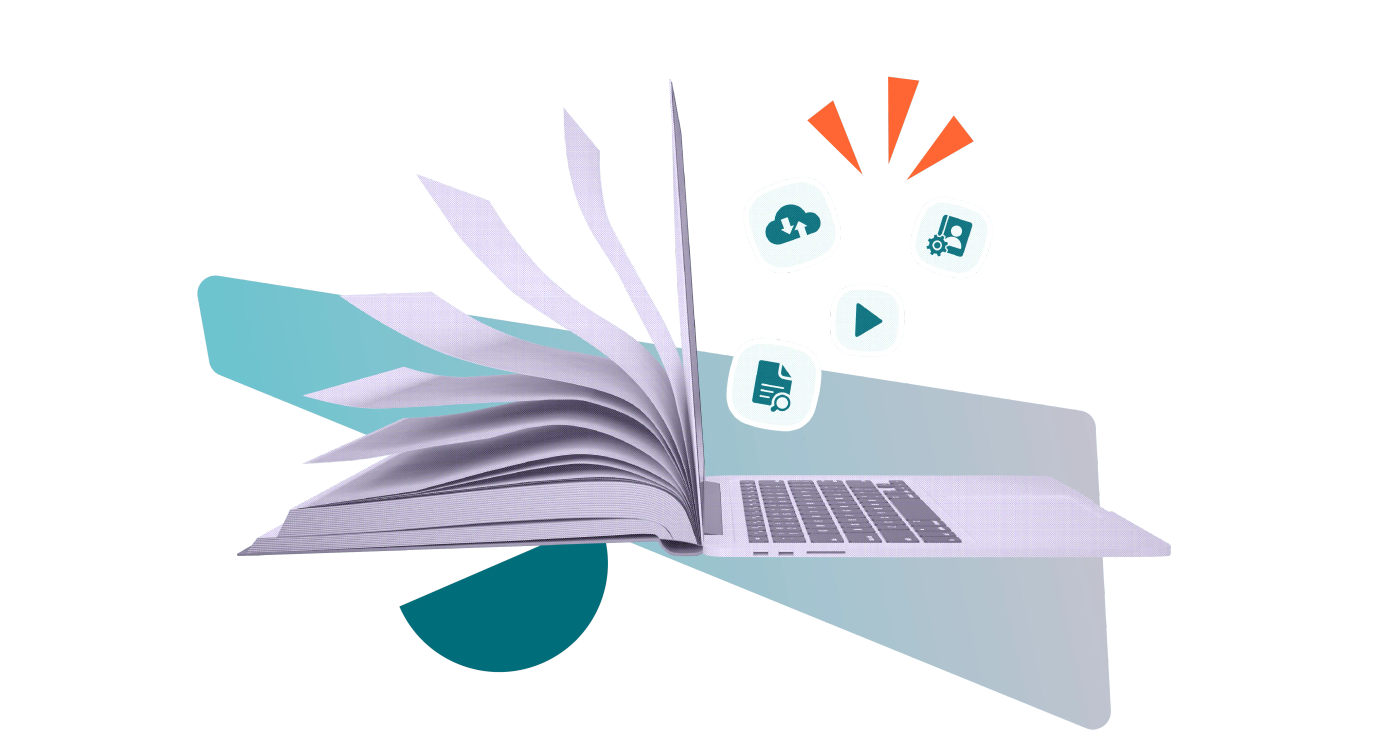 A laptop-book hybrid with multimedia icons flying out of the screen