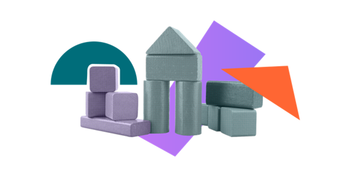 A stack of building blocks surrounded by colourful shapes