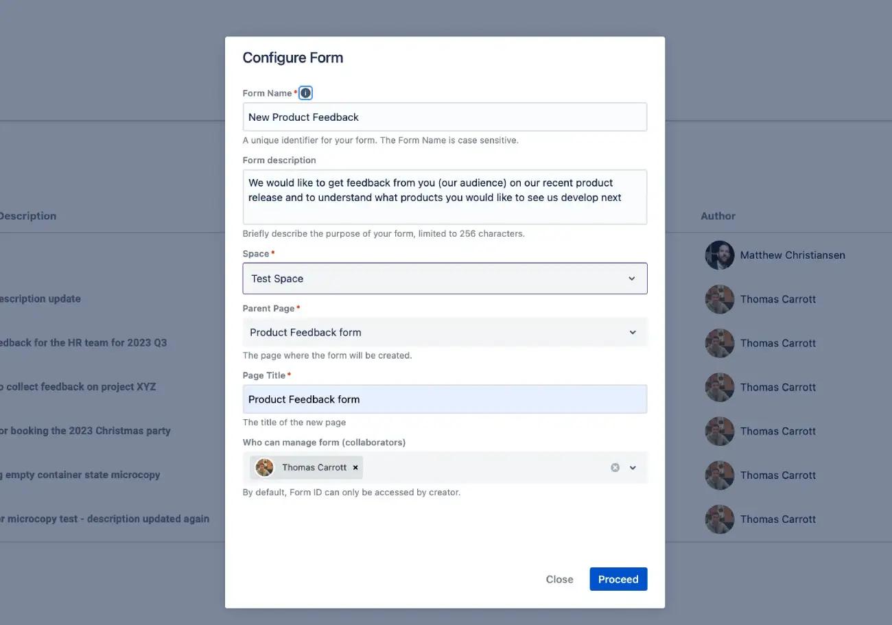 A Forms for Confluence dialog box with all fields completed