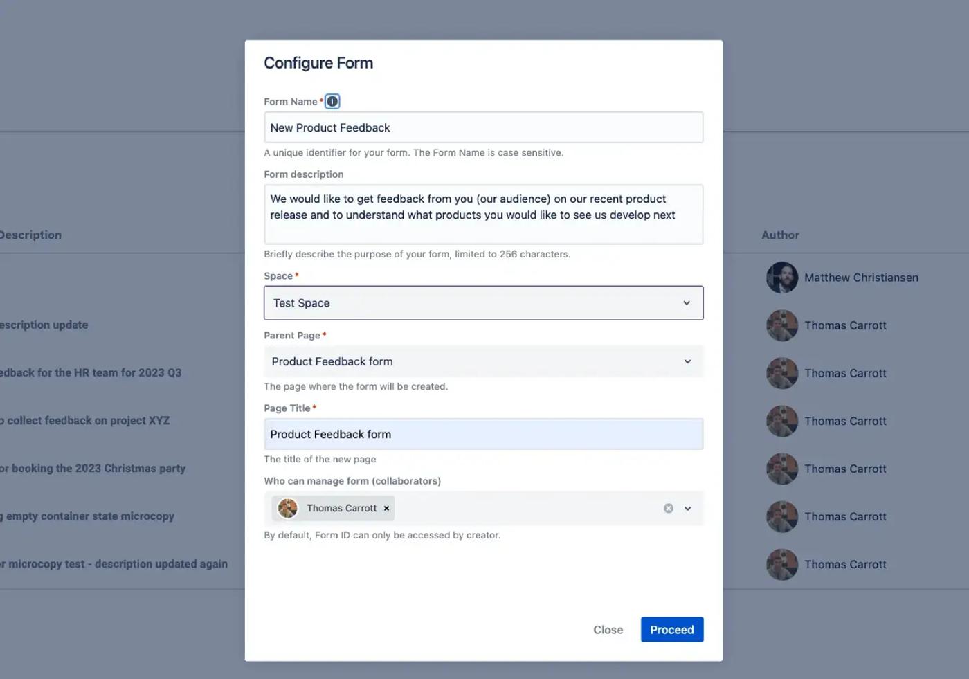 A Forms for Confluence dialog box with all fields completed