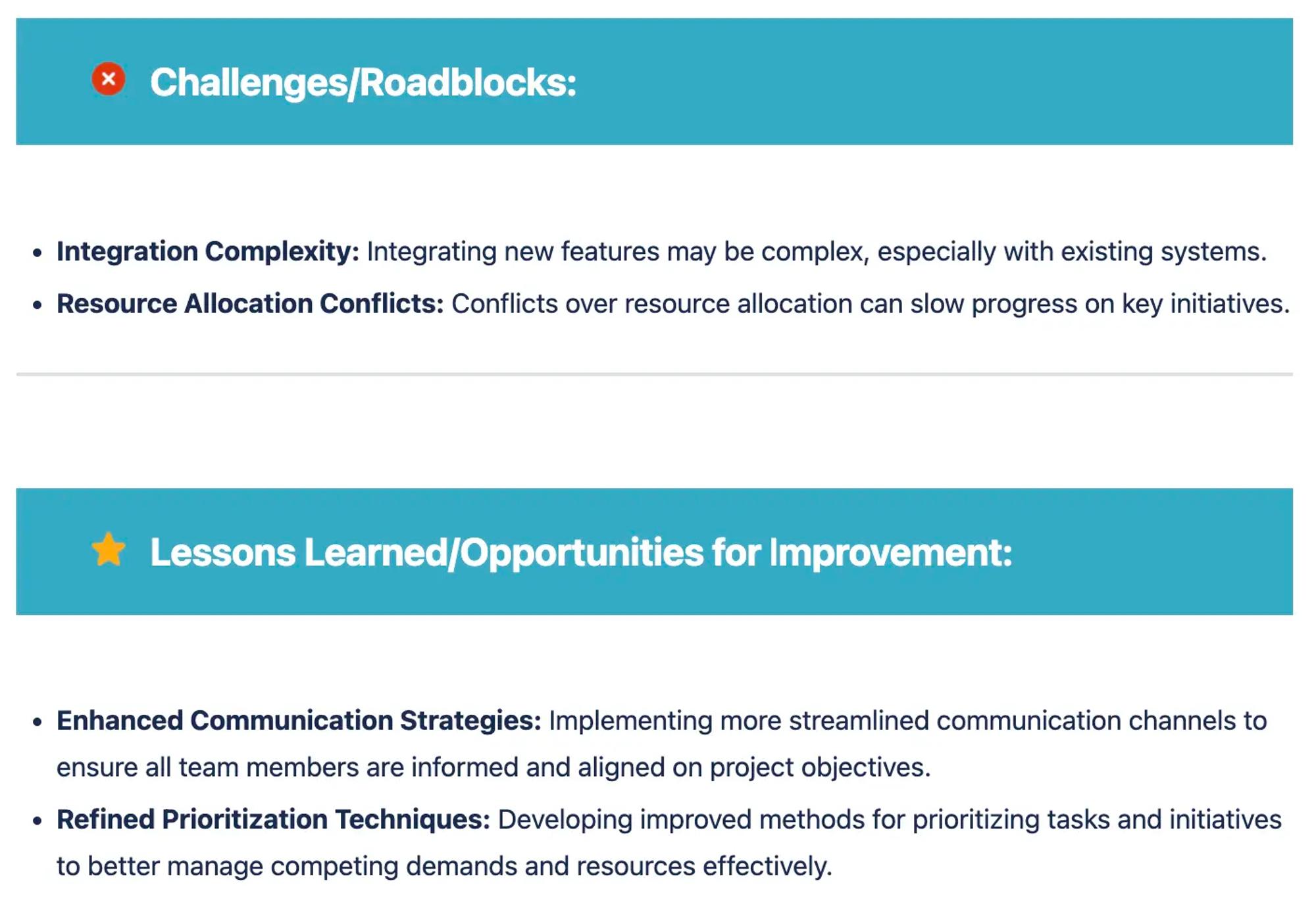 A list of roadblocks and lessons learned on a Confluence 1-2-1 Meeting Notes page