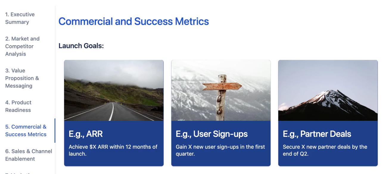 The 'Commercial and Success Metrics' tab of the GTM plan, showing three launch goals in cards with images that represent challenges or journeys, like one of a mountain