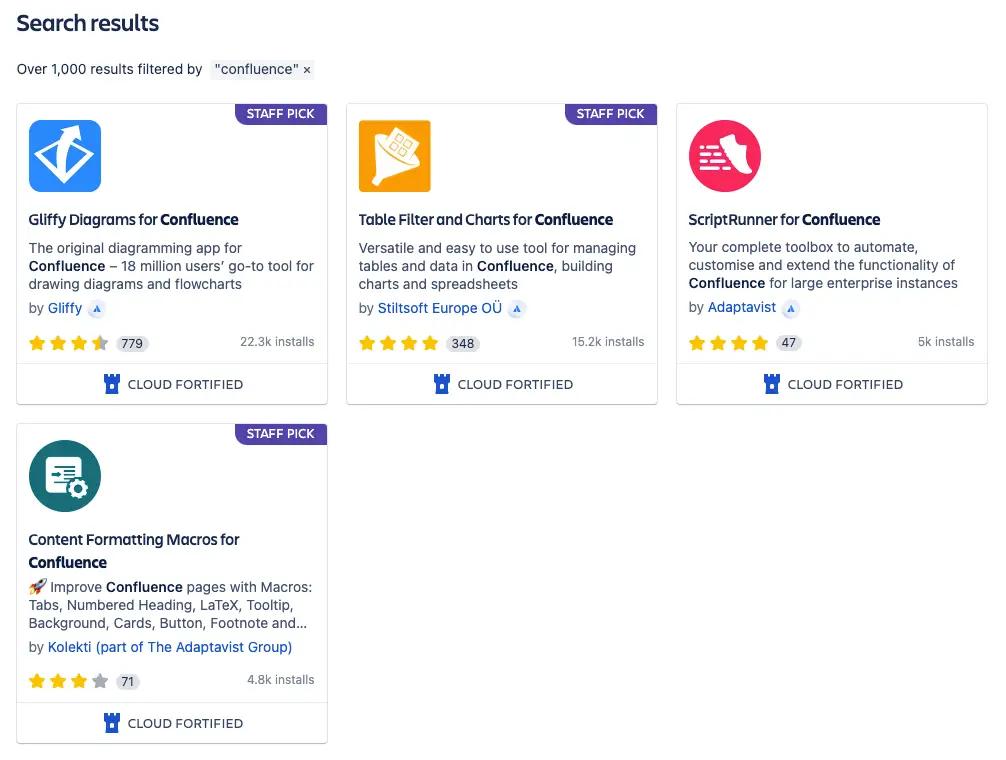 A screenshot of Confluence apps appearing in the Atlassian Marketplace