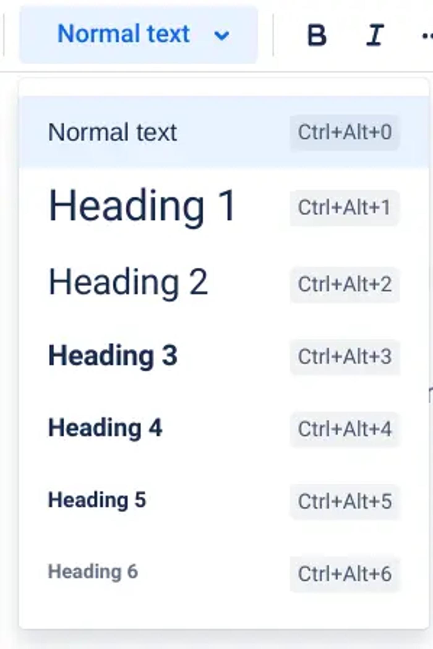 A screenshot of the heading size options in Confluence