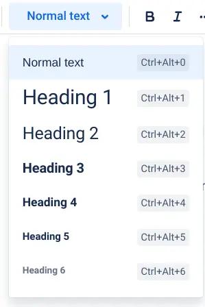 A screenshot of the heading size options in Confluence