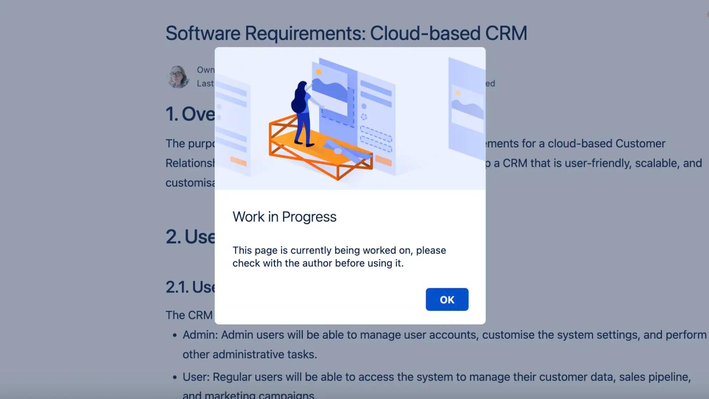 A Confluence alert pop-up showing indicating work in progress on a page