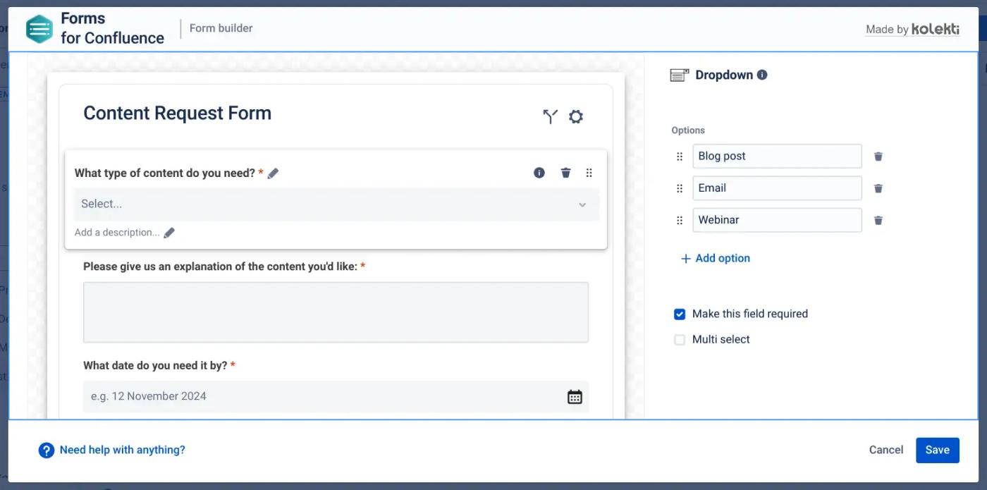 A Form builder page within Forms for Confluence