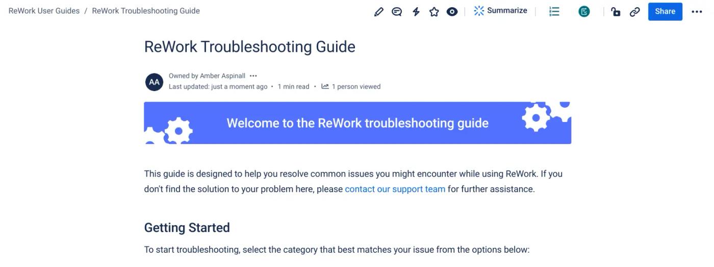 A Confluence page showing a troubleshooting guide