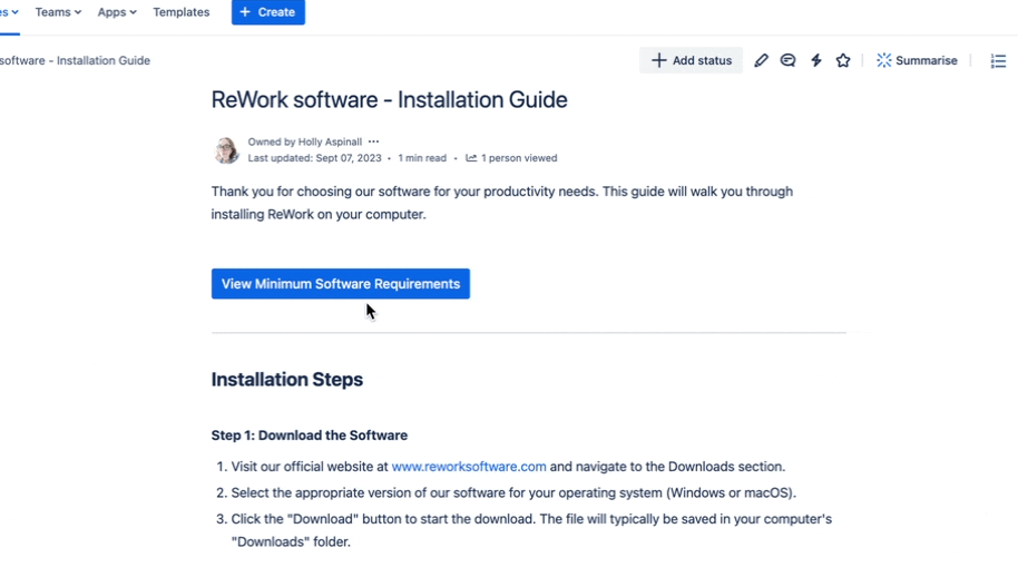 A GIF of a user clicking a Confluence pop-up to view installation requirements