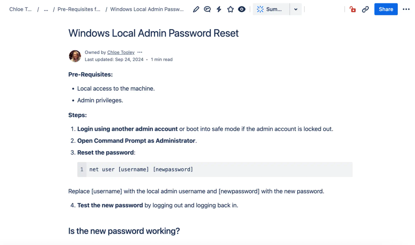 An example Confluence runbook page for resetting a password