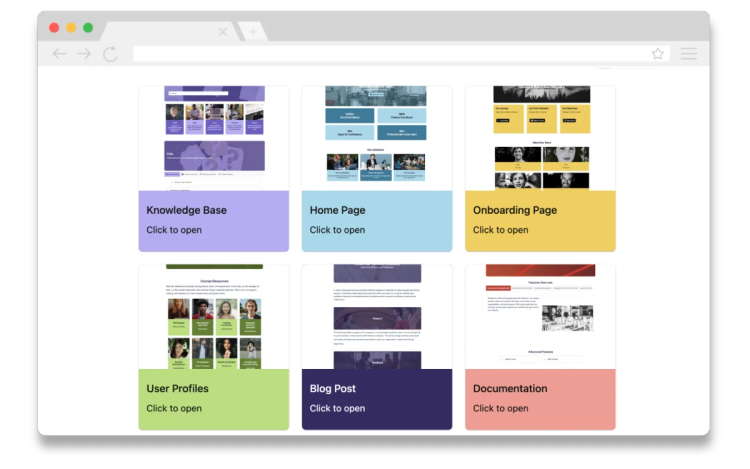 A grid of cards in a page showing links to six Confluence templates