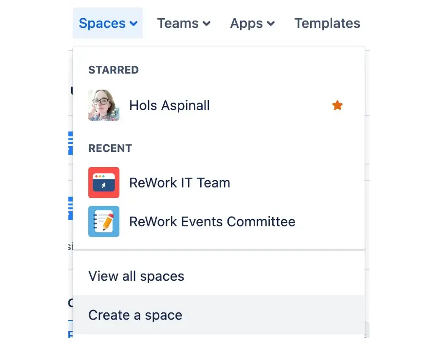 The Confluence Spaces dropdown menu with ‘Create a space’ highighted