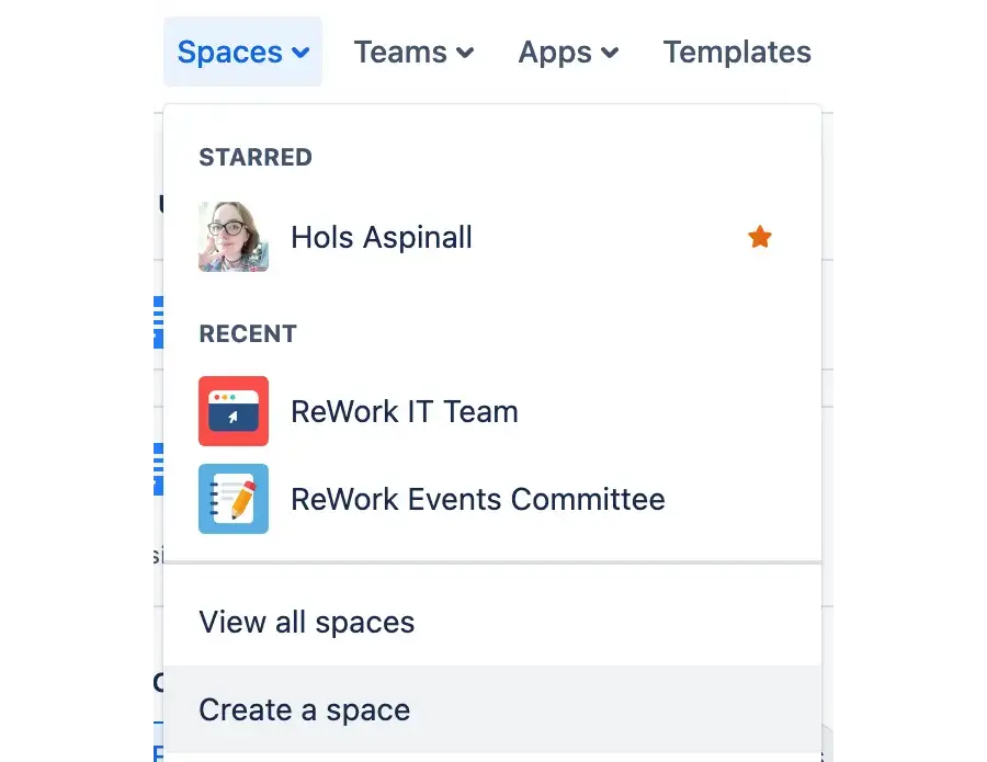 The Confluence Spaces dropdown menu with ‘Create a space’ highighted