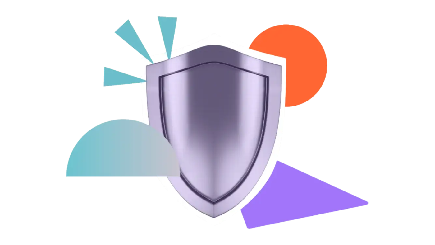 A metal shield surrounded by colourful shapes
