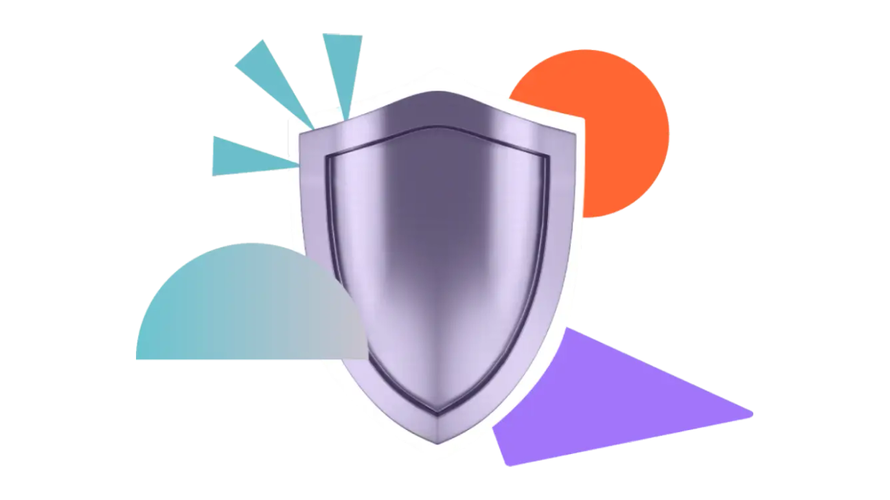 A shield surrounded by colourful shapes