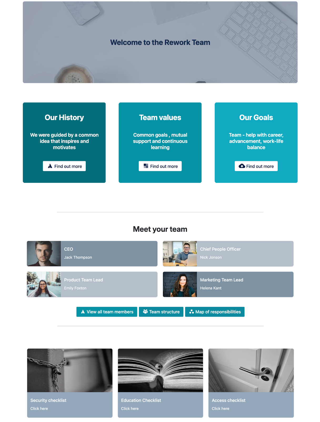 Screenshot of a Confluence onboarding page with visual sections linking to the company history, values, team members, and onboarding checklists