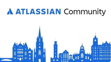 A logo that says Atlassian Community with buildings outlined in blue