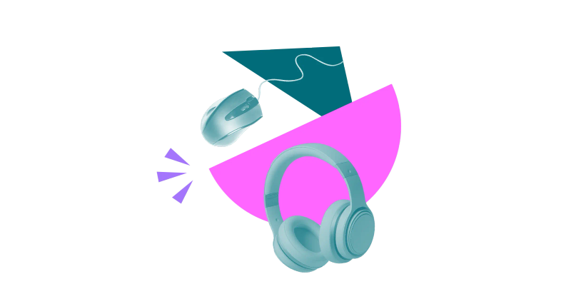 A computer mouse and a set of headphones on a stylised background