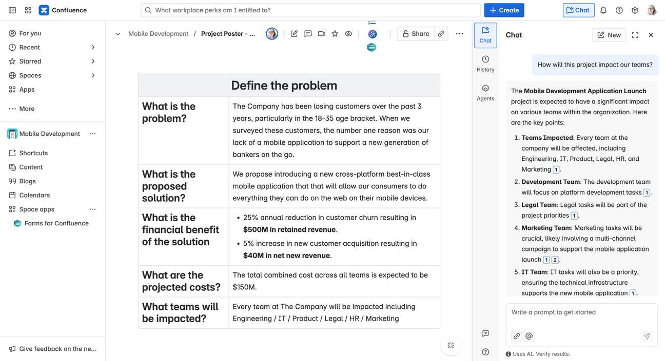 Screenshot of a Confluence page with a chat sidebar showing Rovo