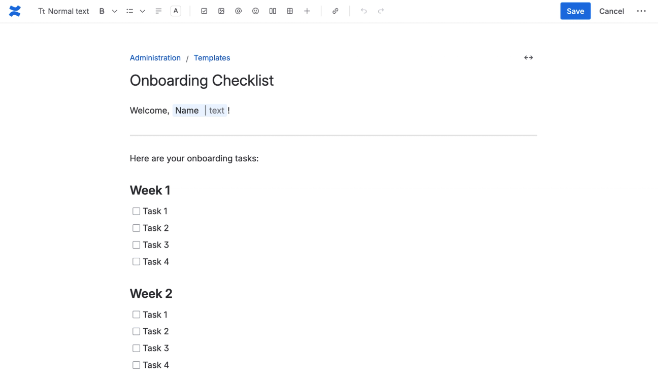 Screenshot of an onboarding checklist template in Confluence. It has a heading and shows two weekly checklists