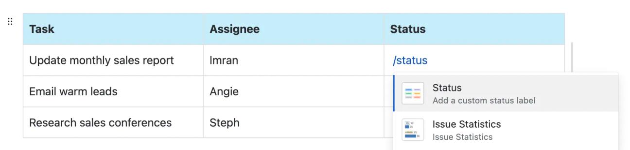 A Confluence table with a dropdown menu showing the Status macro.