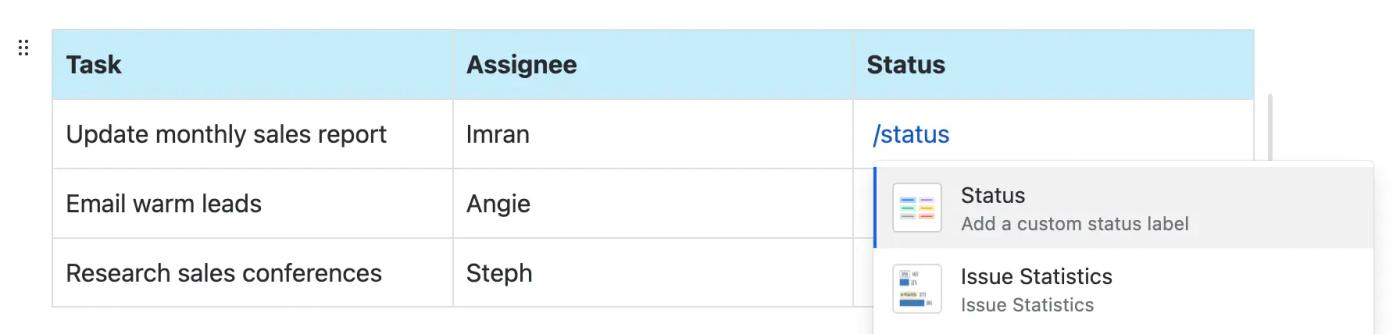 A Confluence table with a dropdown menu showing the Status macro.