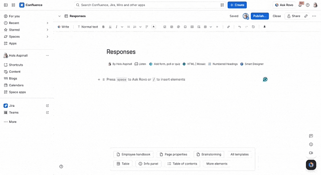 Animated GIF of a user adding the Forms for Confluence Response Table macro to their page and configuring settings to display only specific questions