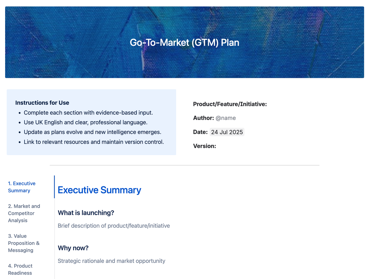 The top half of Mosaic's example go-to-market plan, showing the heading in a blue background, instructions for use, an overview of the page, and the beginning of the tabs, with the 'Executive Summary' tab open.