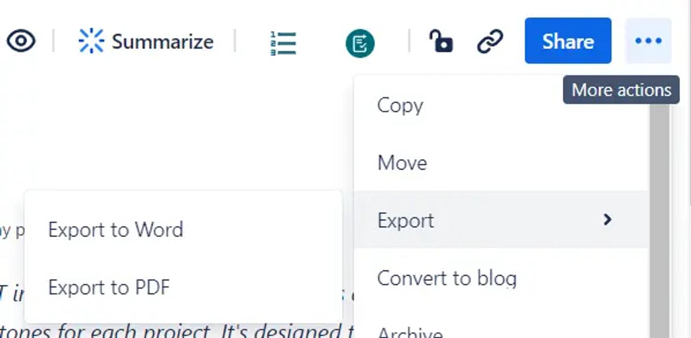 A Confluence page with the Export option highlighted under the More actions menu