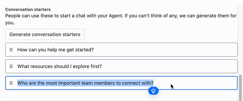 Animated GIF of a user editing a conversation starter prompt for a Rovo Agent