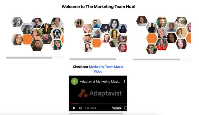 A screenshot of an internal marketing hub in Confluence Cloud with photos of team members