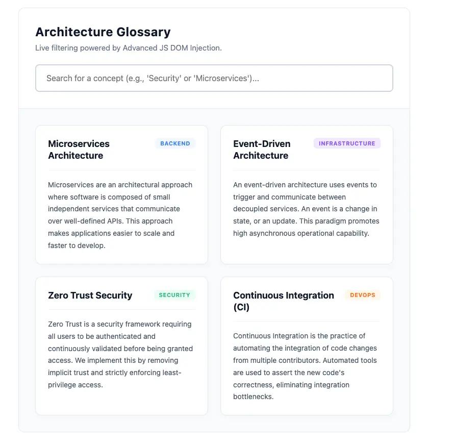 A live search and filter directory, made with an HTML macro from Mosaic in Confluence.