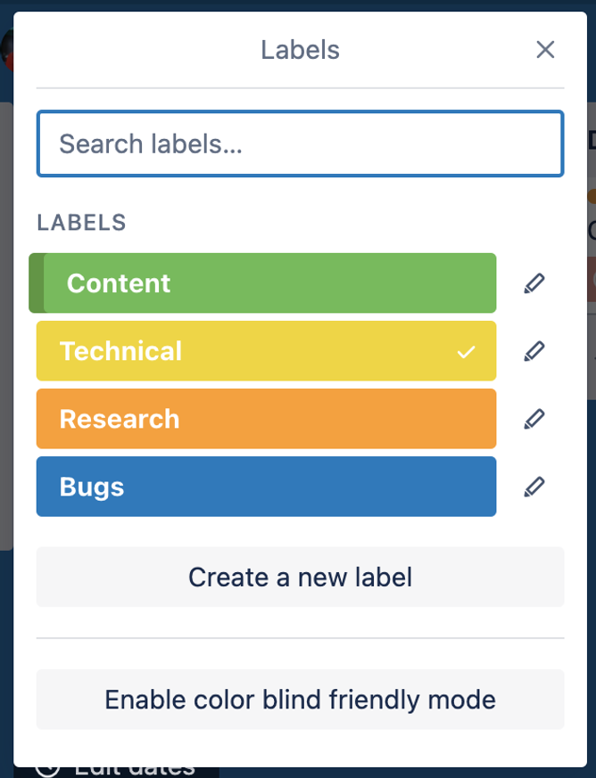 A list of labels in Trello