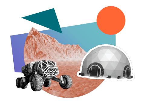 A Mars rover and a space base in front of multi-coloured shapes