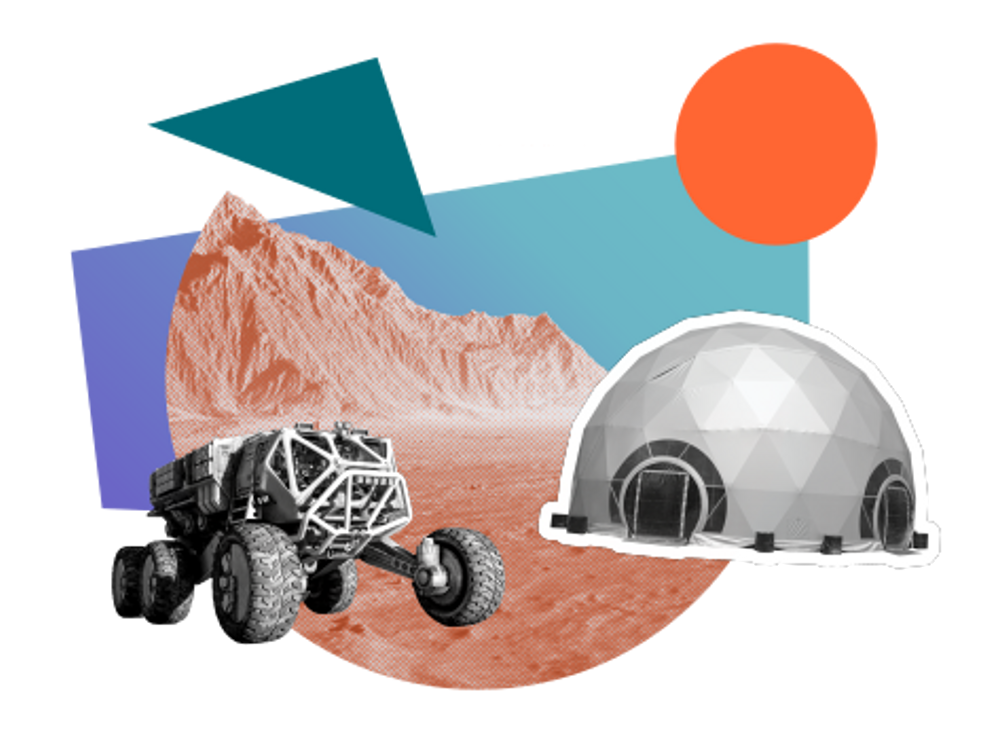 A Mars rover and space base surrounded by colourful shapes
