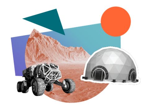 A Mars rover and space base surrounded by colourful shapes