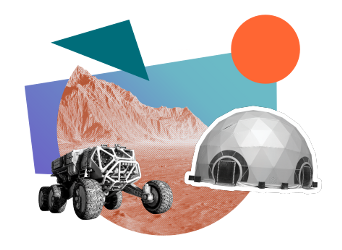 A Mars rover and a space base in front of multi-coloured shapes