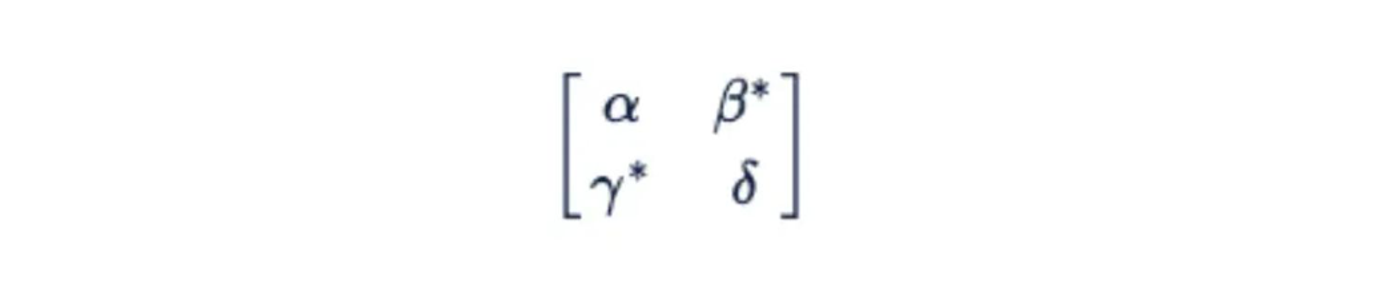 Scientific LaTeX symbols displayed in two columns as a matrix within square brackets