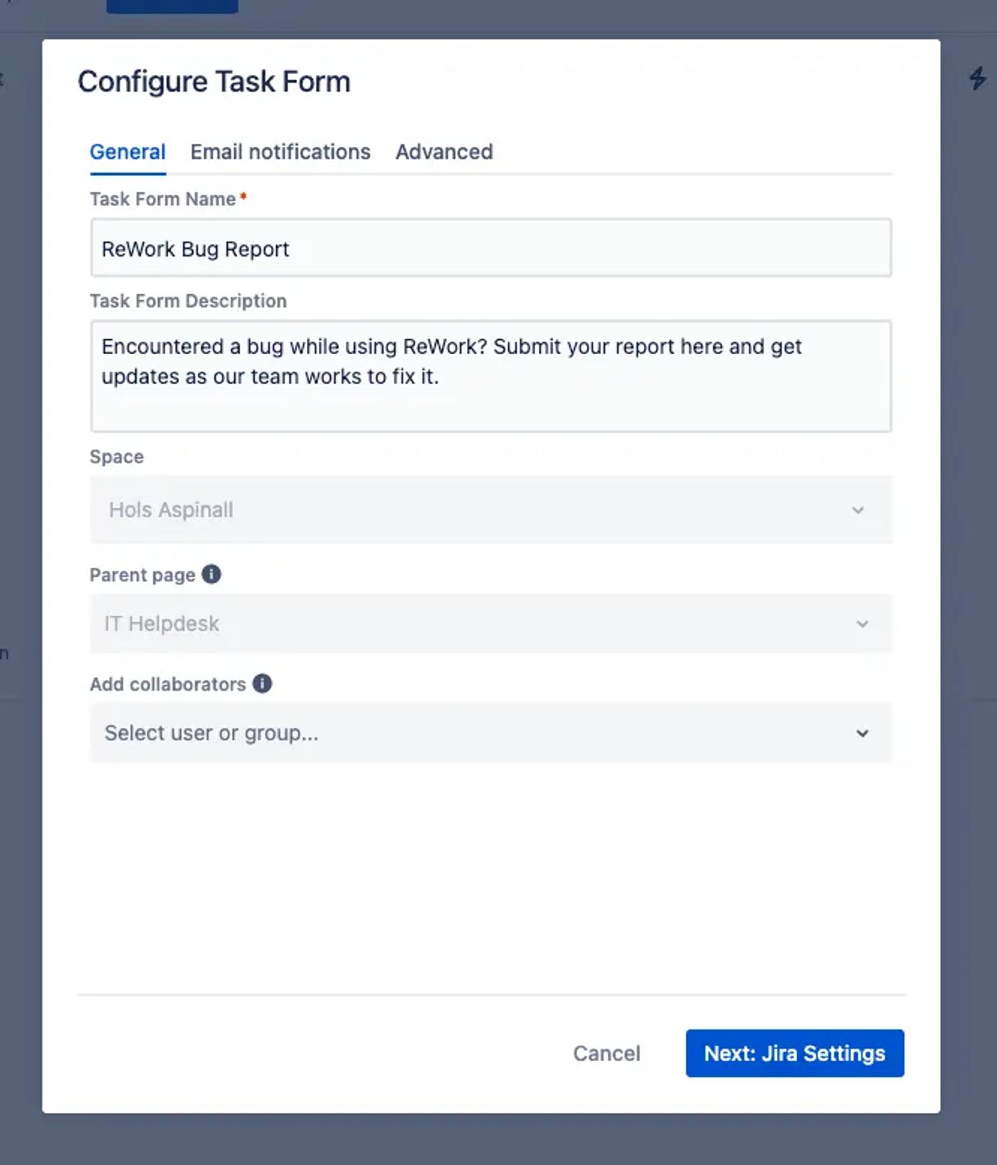 The ‘Configure Task Form’ dialog box with the form name and details filled in