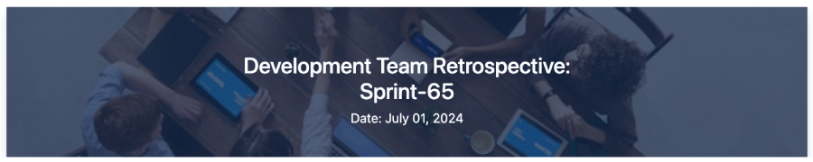 A Confluence image banner showing people seated around a wooden table using devices, with a text overlay that says 'Development Team Retrospective: Sprint-65'