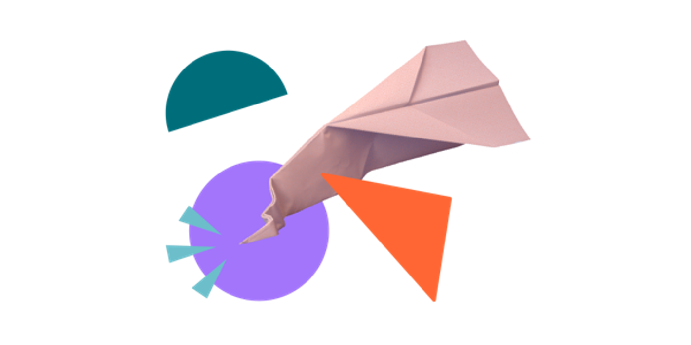 A crashed paper plane surrounded by colourful shapes