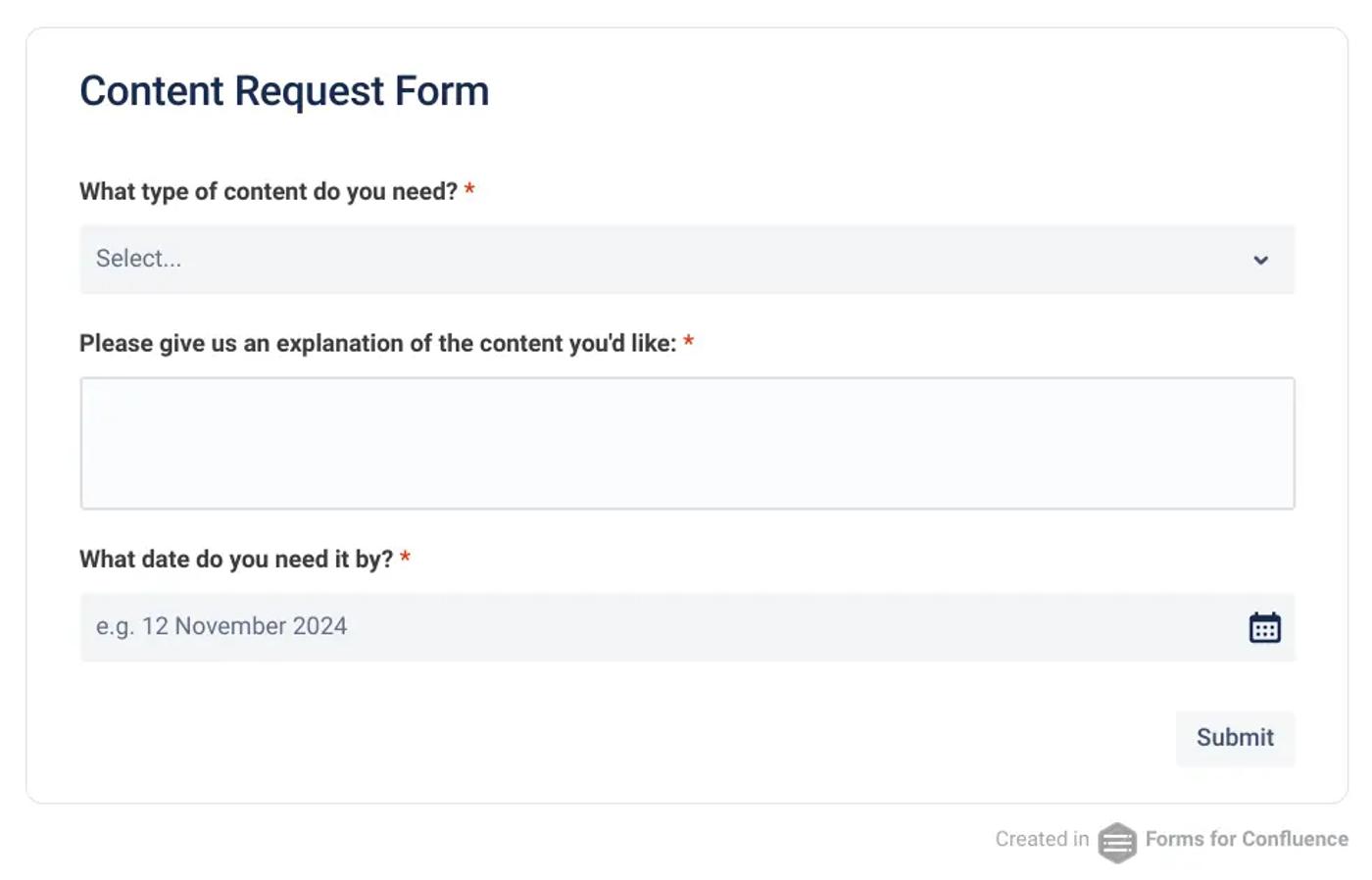 A Content Request Form ready to be completed on Confluence