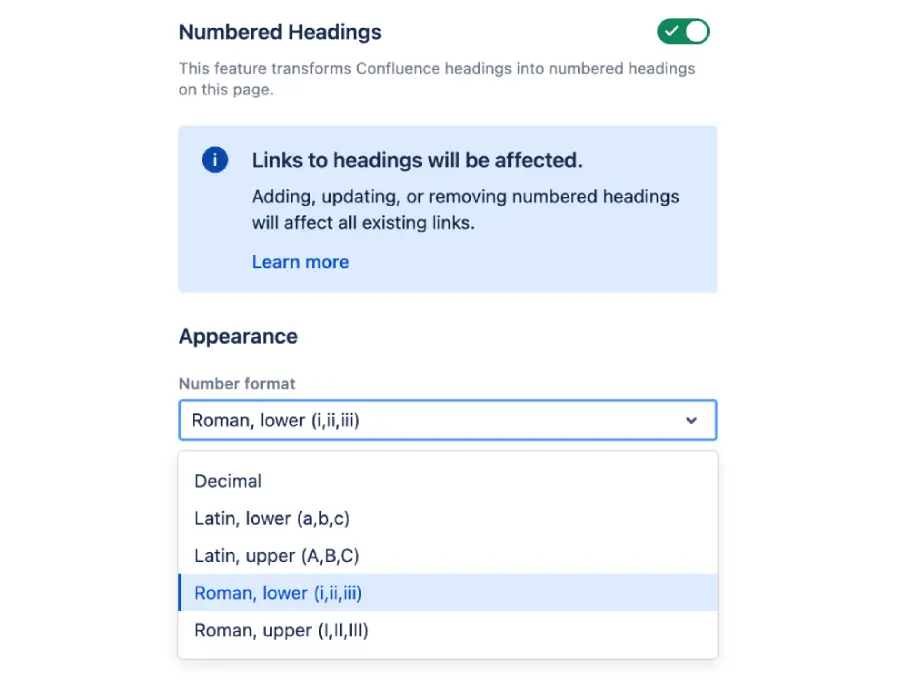 A dropdown menu showing the different number formats in Numbered Headings for Confluence