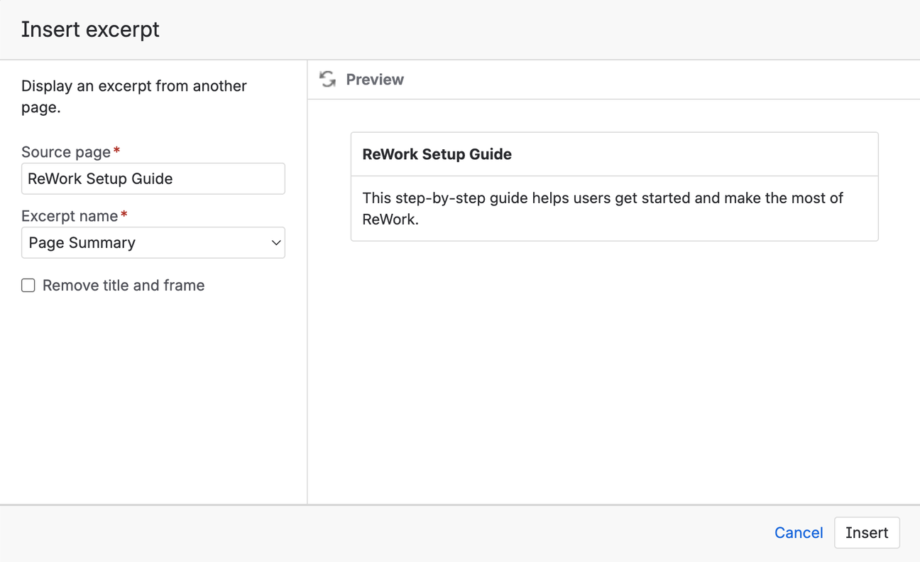 Screenshot of the Insert except macro, with the source page listed on the left and the excerpt preview on the right